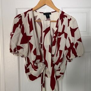Cynthia Rowley Rust & Cream Abstract Tie-Front Puff Sleeve Blouse